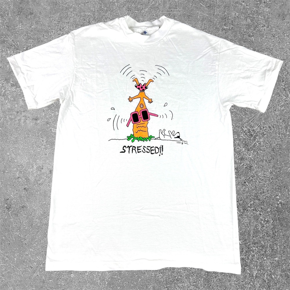 Vintage Rossi Carrot-Tures Stressed Graphic T Shirt Mens Medium White 90s Funny